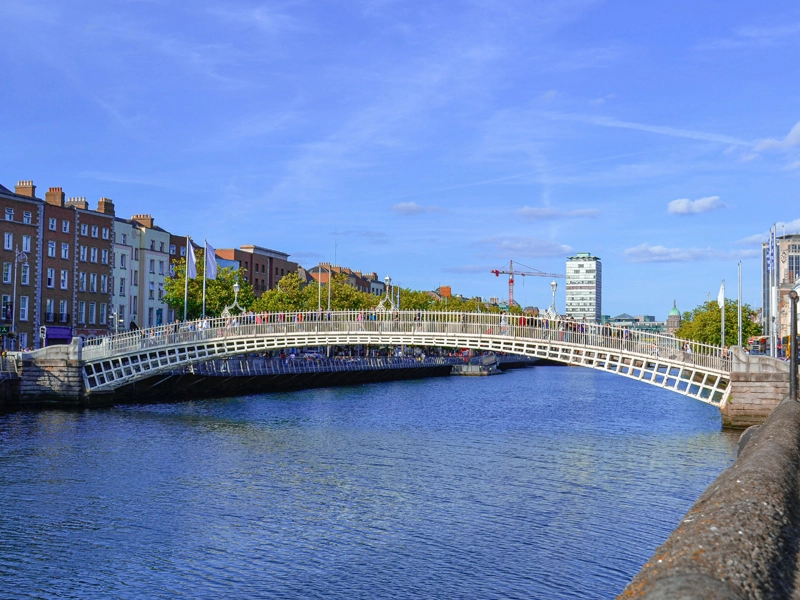 an old wrought metal bridge spanning the liffey river in dublin