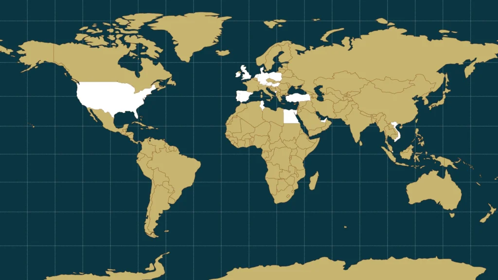 world map with dark blue water and gold countries, 20 are coloured white