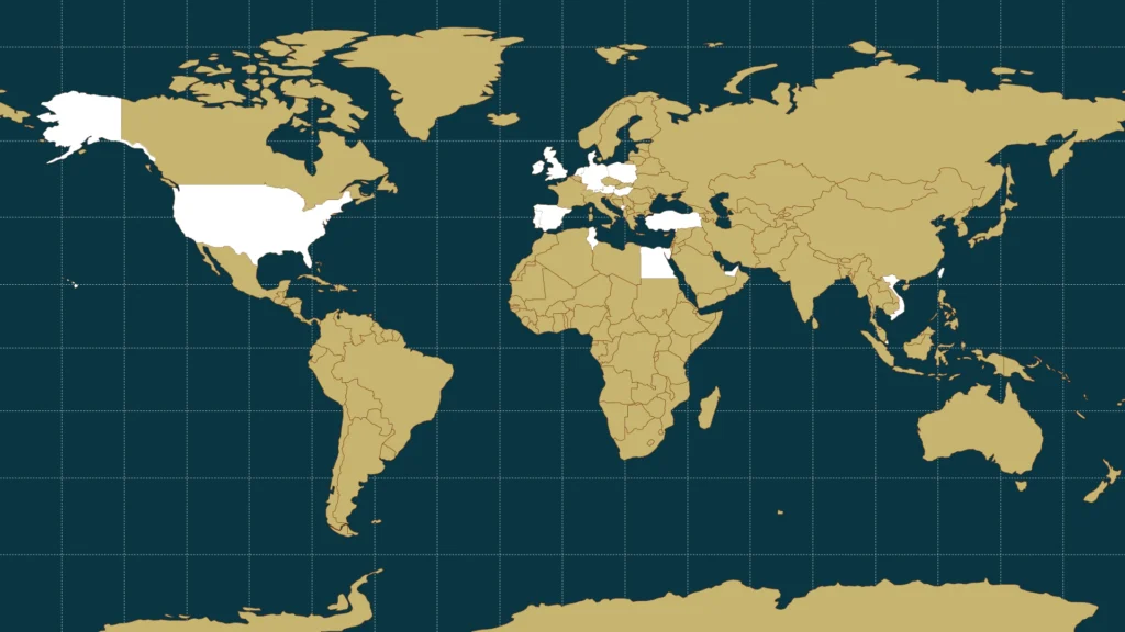 world map with dark blue water and gold countries, 21 are coloured white